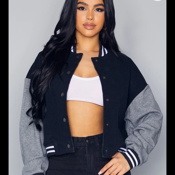 Petite Black Denim Contrast Varsity Jacket - Picture 3 of 5